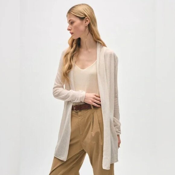 WHITE + WARREN linen gauze open Trapeze cardigan in Calico Cream White XS STAINS - Picture 6 of 6